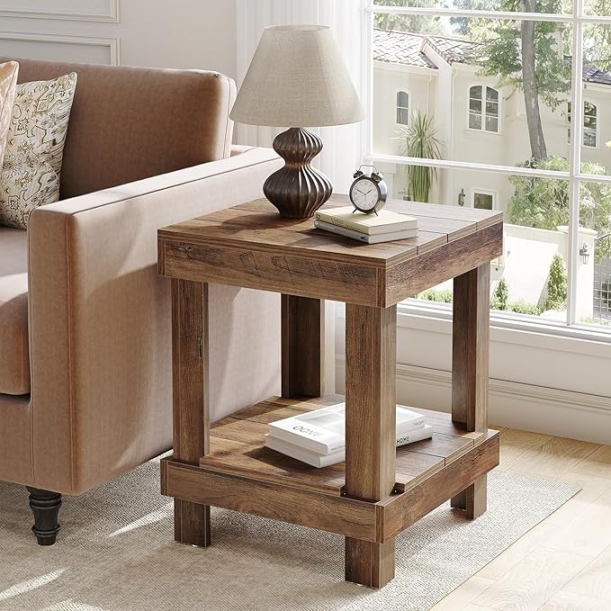 LITTLE TREE End Table Set of 2, All Wooden 2-Tier Square Side Table with Storage Shelves, Farmhouse Style Side End Table for Living Room, Small Bedside Table Nightstand for Bedroom, Reclaimed Natural