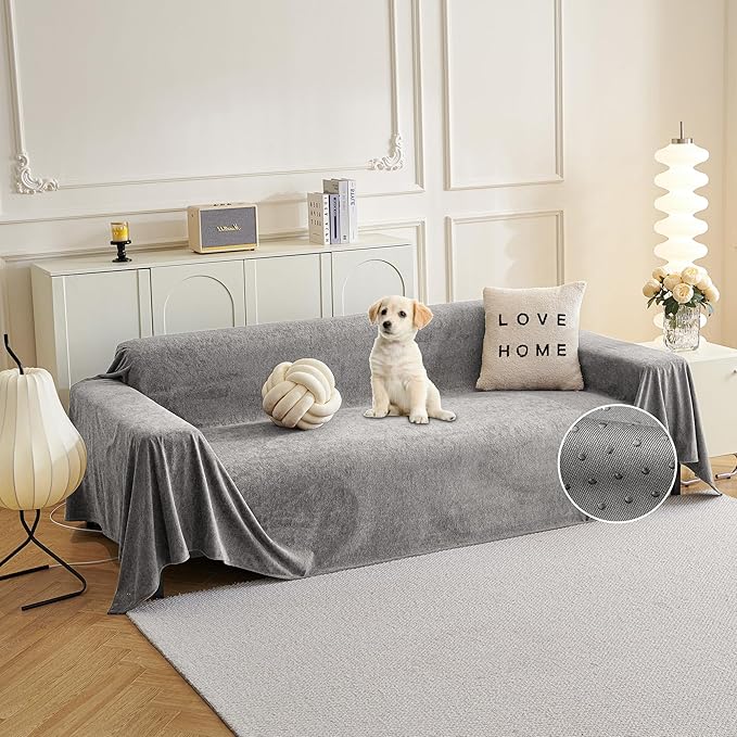 MYSKY HOME Couch Cover Sofa Cover for 3 Cushion Couch, Dog Couch Covers for Sectional Sofa Covers, Non Slip Furniture Protector Sofa Covers Washable Sofa Towel for Pet Cat Dog, 91" x 134", Grey