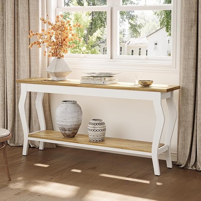 LITTLE TREE 70.9 Inches Long Console Table, 2-Tier Vintage Wooden Sofa Table Behind The Couch with Metal Legs for Hallway, Entryway, Living Room, White & Light Oak