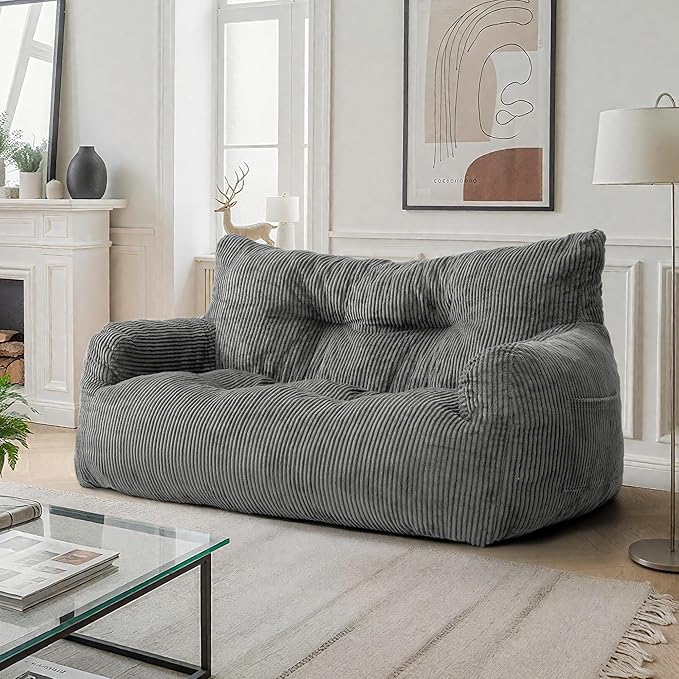 Pamapic Bean Bag Chair,2 Seat Loveseat Sofa,Ultra Soft Dutch Velvet,Fluffy Comfort Washable Cover,Corduroy Lazy Sofa Bed for Adults,Fit Living Room, Bedroom,Outdoor Spaces,Dark Grey