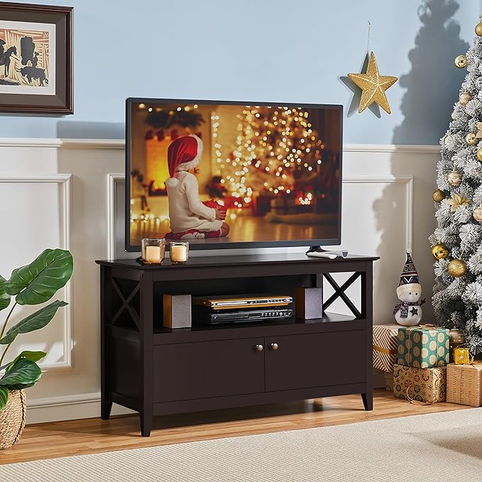 Yaheetech Wooden TV Stand for TVs Up to 48 inch, Media Entertainment Center Table, TV Cabinet Table with Storage Open Shelf & 2 Doors for Living Room, Espresso