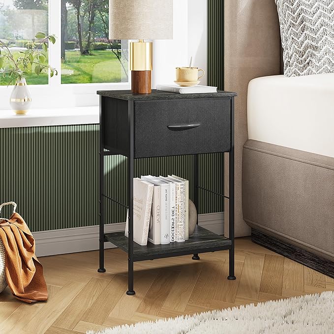 WLIVE Night Stand Set 2, Black Nightstand with Fabric Storage Drawer and Open Wood Shelf, Nightstand Set of 2 with Steel Frame, Side Table for Bedroom, Dorm, Charcoal Black, 25.03" Height
