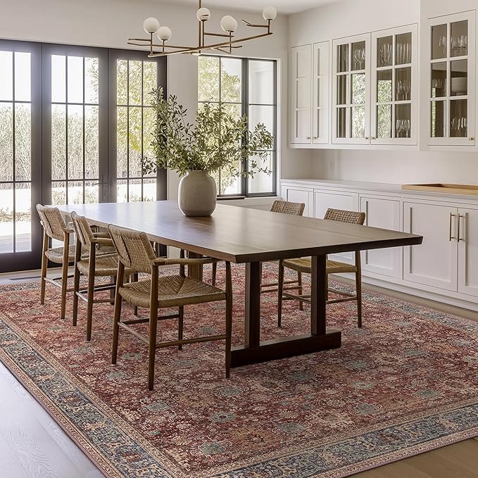 10X14 Area Rugs Machine Washable Rugs for Living Room, Vintage Boho Large Rugs for Bedroom Dining Room, Non Slip Indoor Soft Distressed Lightweight Thin Low Pile Carpet, Red Brown