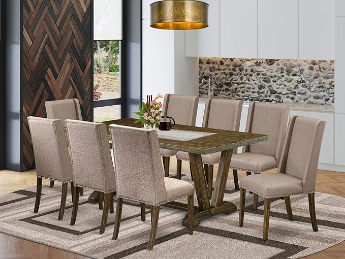 East West Furniture V777FL716-9 9 Piece Dining Table Set Includes a Rectangle Kitchen Table with V-Legs and 8 Dark Khaki Linen Fabric Upholstered Chairs, 40x72 Inch, Multi-Color