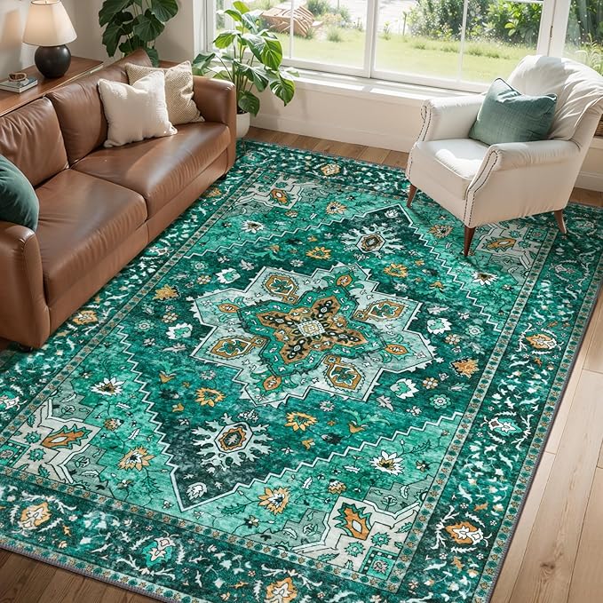 Tangsoo 5x7 Area Rug Washable Rugs for Living Room, Vintage Indoor Non Slip Large Area Rugs, Print Distressed Emerald Carpet, Soft Low Pile Foldable Floor for Bedroom Dining Room Dorm