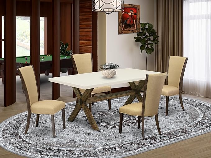 East West Furniture X727VE703-5 5 Piece Dinette Set for 4 Includes a Rectangle Dining Room Table with X-Legs and 4 Brown Linen Fabric Upholstered Parson Chairs, 40x72 Inch, Multi-Color