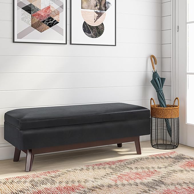 SIMPLIHOME Owen 48 inch Wide Mid Century Modern Rectangle Rectangular Storage Ottoman in Midnight Black Vegan Faux Leather, Assembled, for the Living Room, Entryway and Family Room
