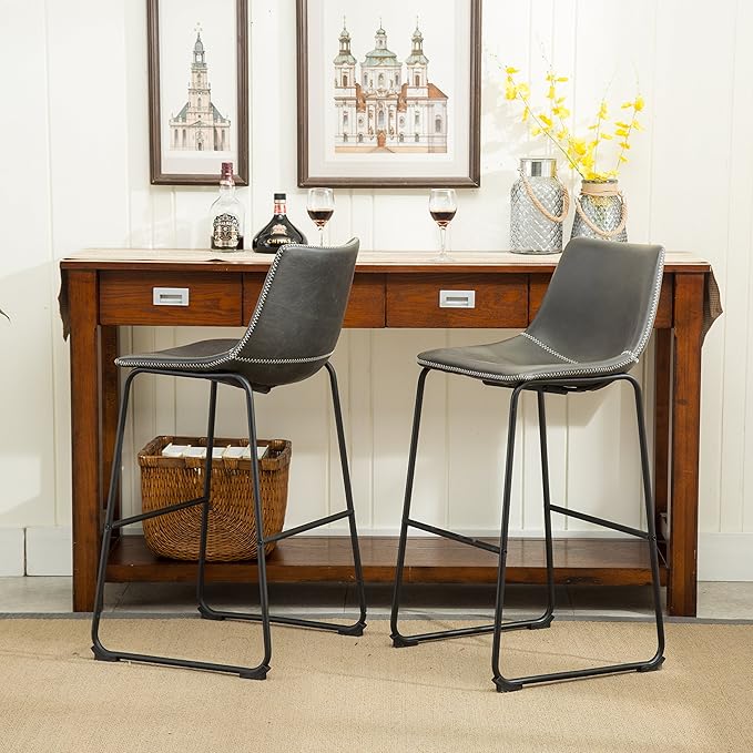 Roundhill Furniture Vintage PU Leather Bar Stools, Antique Gray, Set of 2