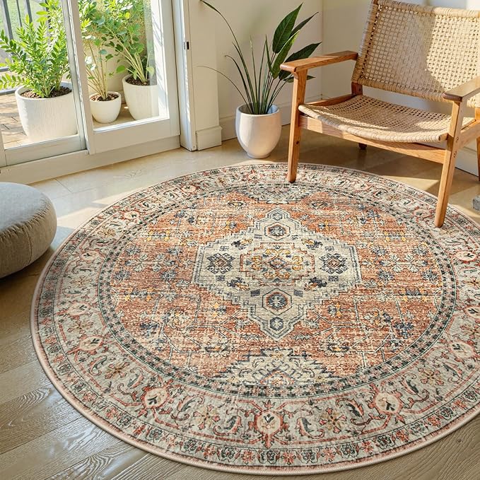 Lahome Oriental Washable Round Area Rug, Non-Slip Round Rugs 6ft Ultra-Thin, Soft Large Throw Circle Carpet for Living Room Bedroom Kitchen Nursery, Peach/Orange