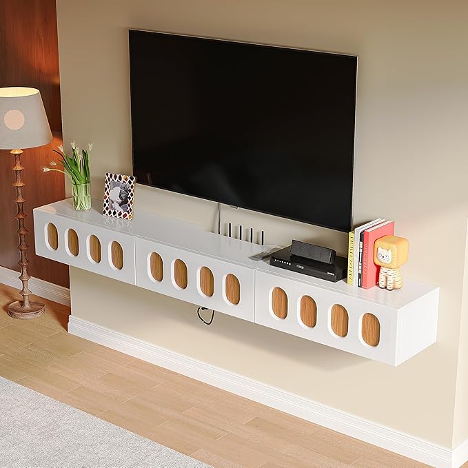 Floaticase Fully Assembled Floating TV Stand, 55IN High Gloss Wall Mounted Entertainment Center with Flip-Down Doors & Drawers, TV Console Under TV Shelf for Bedroom Livingroom