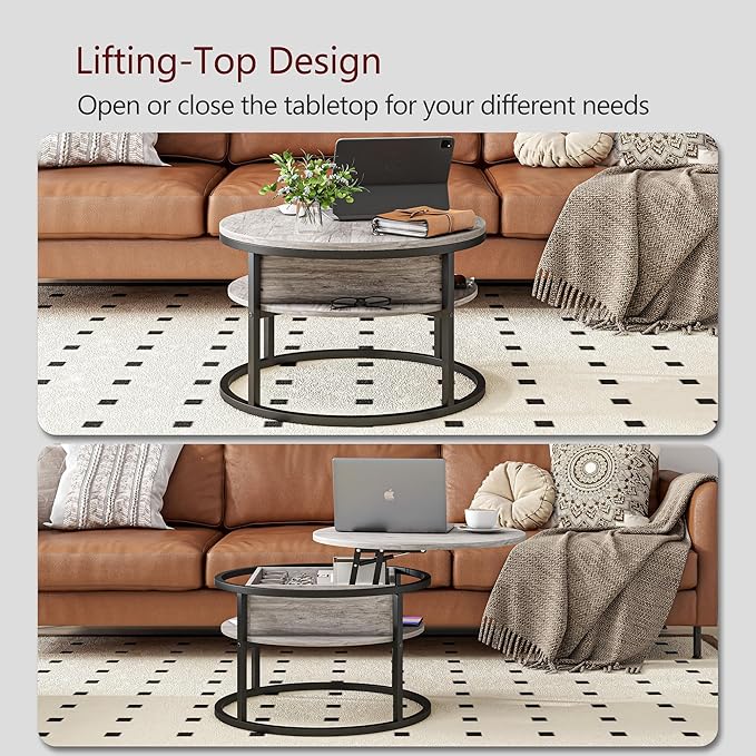 Round Coffee Table with Storage,Lift Top Coffee Table for Living Room Reception Room,2 Tier Small Round Table Dining Center,Grey