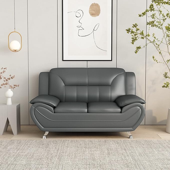 Container Furniture Direct Michael Modern Faux Leather Upholstered Stainless Steel Legs Living Room Loveseat, Sleek Gray