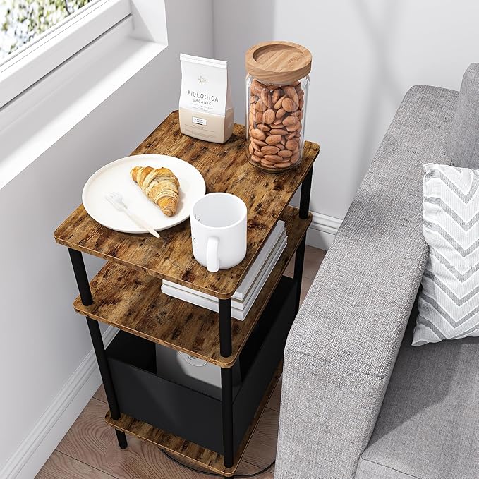Small Side Table with Charging Station, Set of 2 End Table for Small Spaces, Slim Nightstand with Outlet,Sofa Beside Table,Living Room, Bed Room, Rustic Brown