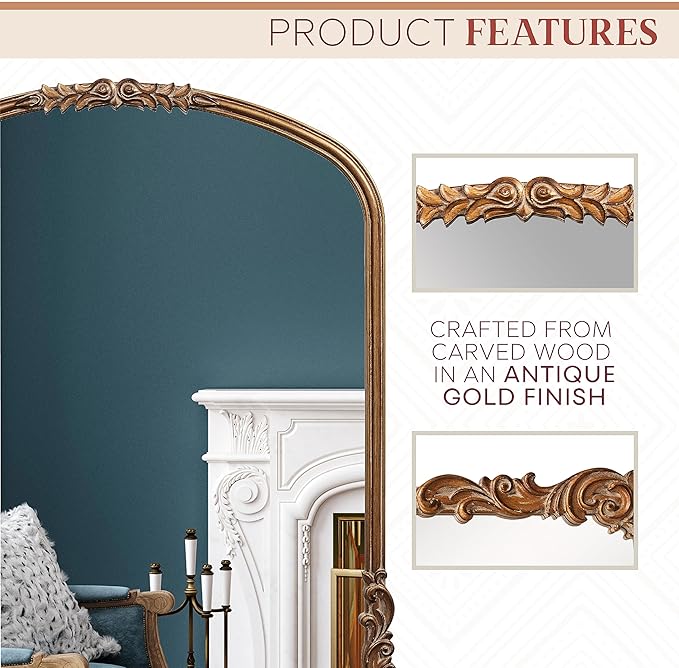 English Estate Carved Arch Wood Wall Mirror, Mirror for Entryway, Living Room, Bathroom, Antique Gold, 28.4x35