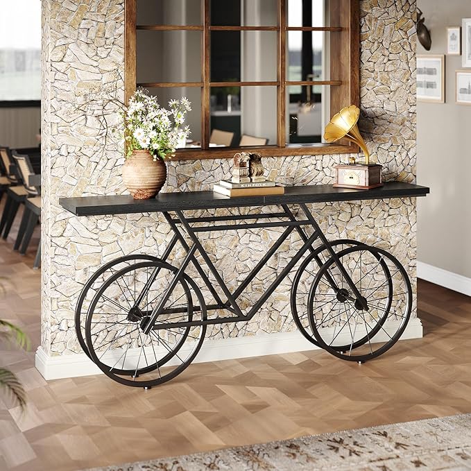 LITTLE TREE Narrow Sofa Table, 70.9-Inch Extra Long Console Table for Living Room, Entryway, with Unique Bicycle Metal Base. Black