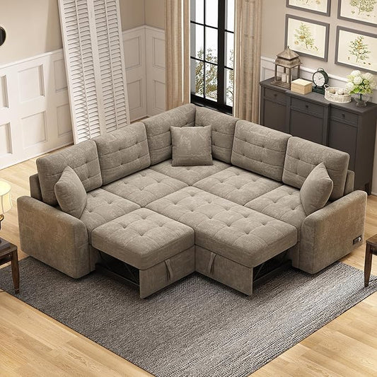 82" Convertible Sleeper Sofa with Pull-Out Bed,L-Shape Chaise Couch W/USB Ports & Power Sockets,Space Saving,Easy Assembly,Modern Corner Reversible Furniture Set for Living Room,Khaki Velvet