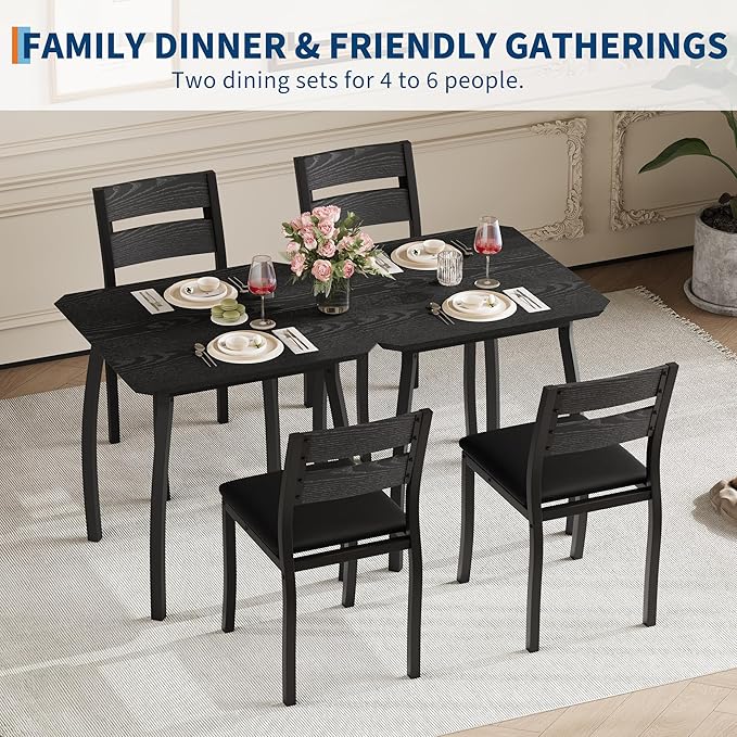 Small Dining Table Set for 2,3-Piece Kitchen Table Set with Thick Wood Grain Tabletop & 2 Upholstered Chairs & Metal Frame, Compact Table Set for Small Spaces, Kitchens & Dining Rooms (Black)