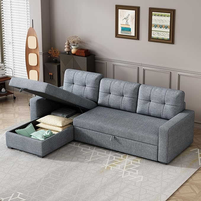 Ball & Cast L-Shape Reversible Sectional Sleeper Sofa Bed,Linen Upholstered 4 in 1 Pull Out Couch with Storage Chaise & Removable Back Cushions,Convertible Corner Sectionals for Living Room,Office