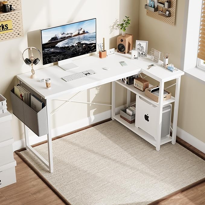 L Shaped Computer Desk with Reversible Shelves, 47 Inch Small Corner Desk with Storage Bag, Gaming Desk Computer Table Study Writing Desk for Home Office Small Space, White