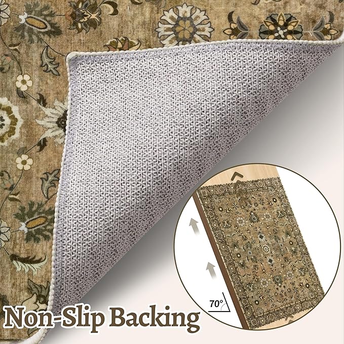 Tangsoo Floral Runner Rug 2x6 Washable Rug for Hallway, Non-Slip Vintage Boho for Entryway Indoor, Brown Print Carpet Runner Rugs, Soft Low Pile Long Runner for Kitchen Bedroom