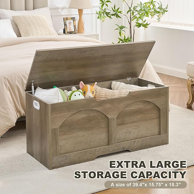 Storage Bench, 39.4" Retro Wooden Storage Chest Trunk, Large Toy Chest with Lift Top, Toy Box U-Shaped Opening, 39.4" x 15.7" x 18.3", Supports 330 lb, Entryway Bench for Living Room, Grey