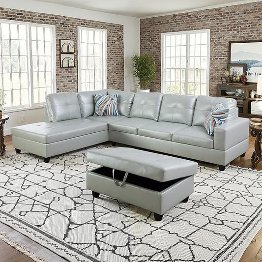 NicBex Sectional Couch 3 Pieces Sofa Set with Right Chaise PU Synthetic Leather L Shaped Cloud Couch for Living Room Furniture Sets with Storage Ottoman, Modular Sofa for Apartment, Silver Green