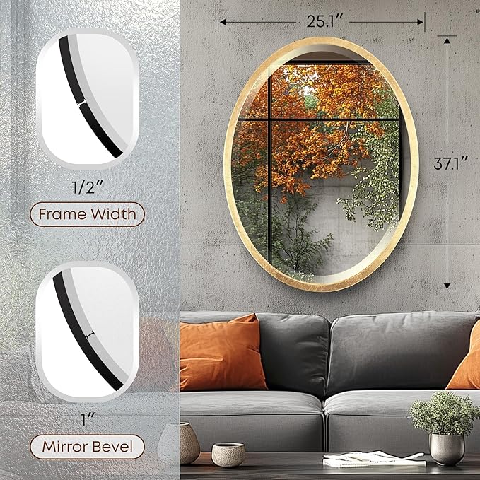 OVALCREST - Oval Wooden Beveled Wall Mirror for Home Decor, Bathroom, Vanity, Bedroom, Living Room, Hallway - London Style (Gold Leaf) 25.1 x 37.1