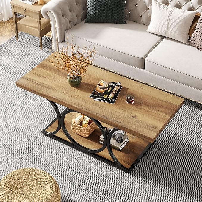 Tribesigns Rectangle Coffee Table, 47.24-inch Rustic Coffee Tables for Living Room, 2-Tier Farmhouse Wooden Coffee Table with Geometric Metal Legs, Home Furniture with Storage Shelf (Brown & Black)