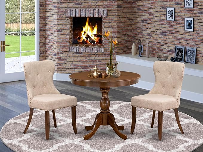 East West Furniture AMSI3-AWA-04 3 Piece Dining Set for Small Spaces Contains a Round Kitchen Table with Pedestal and 2 Light Tan Linen Fabric Parson Chairs, 36x36 Inch, Walnut