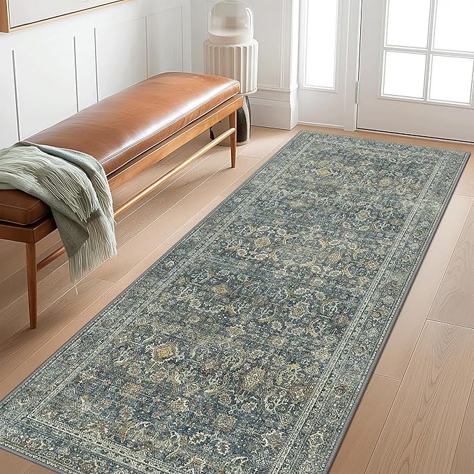 2X7 Area Rugs Machine Washable Rugs for Living Room, Vintage Boho Large Rugs for Bedroom Dining Room, Non Slip Indoor Soft Distressed Lightweight Thin Low Pile Carpet, Deep
