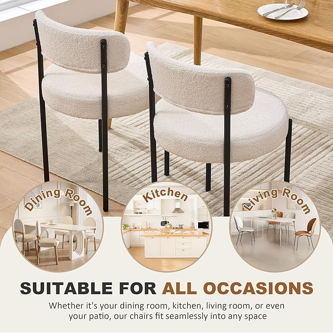 Dining Chairs Set of 4, White Boucle Dining Chair, Curved Backrest Upholstered Dining Room Chairs with Black Metal Legs, Mid Century Modern Dining Chairs for Kitchen, Living Room, White