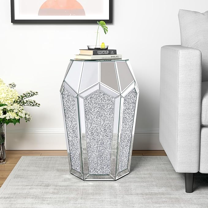 ENENE Mirrored End Table Crystal Diamond Setting Coffee Table Silver Glass Side Table Pedestal Stand for Hallway, Living Room, Corner, Bedroom, Sofa