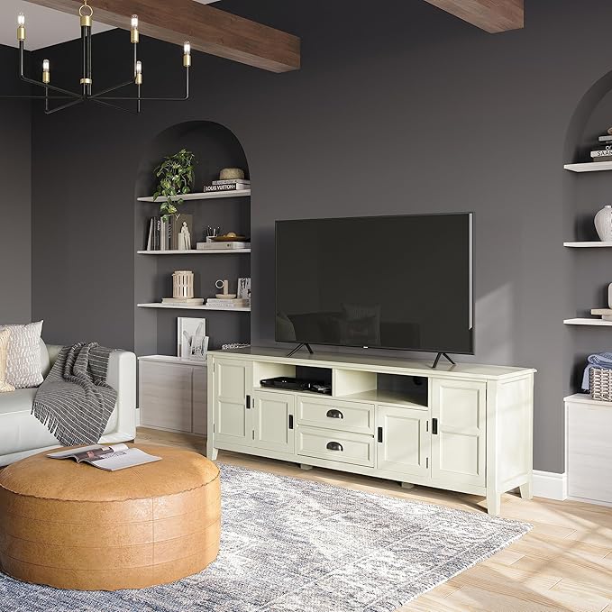 SIMPLIHOME Burlington SOLID WOOD 72 Inch Wide Transitional TV Media Stand in Antique White for TVs up to 80 Inches, For the Living Room and Entertainment Center