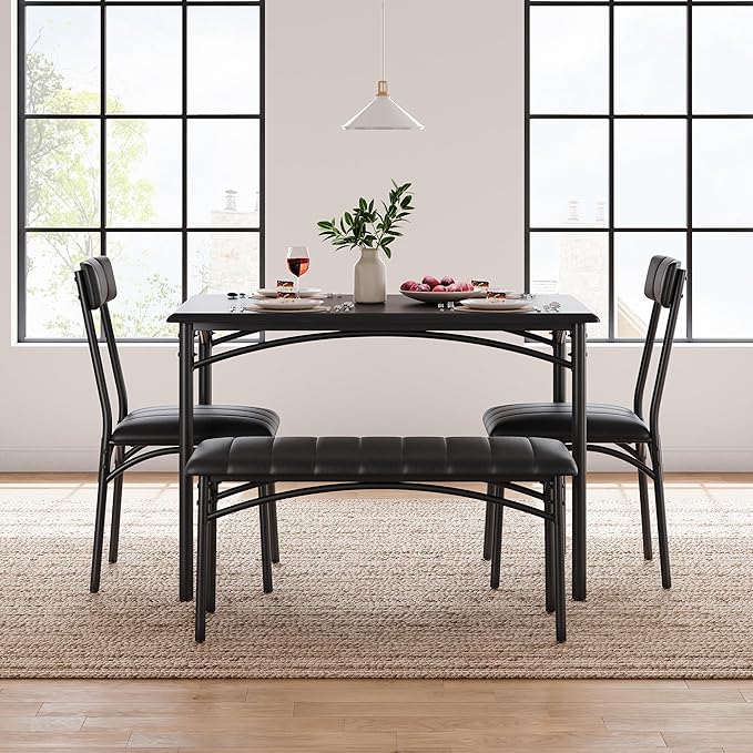 Garvee Dining Table Set for 4, Kitchen Table with Upholstered Bench and 2 Chairs, 4-Piece Wooden Dining Table Set for Apartment, Dining Room, Small Space, Black