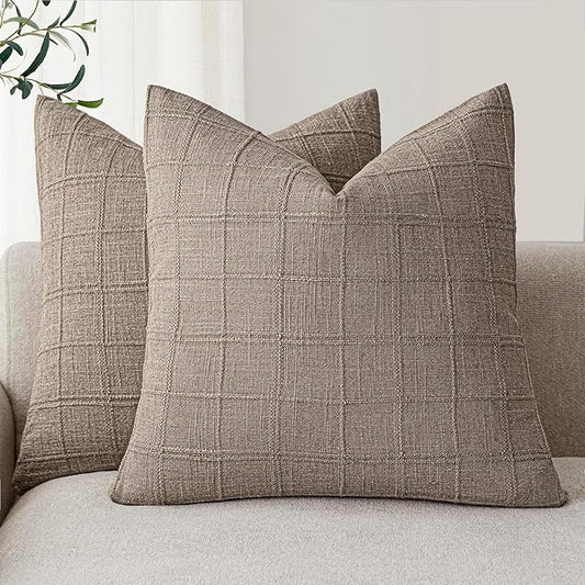 Foindtower Set of 2 Decorative Linen Check Throw Pillow Covers Neutral Farmhouse Vintage Cushion Covers Modern Boho Home Decor for Sofa Chair Couch Bedroom Living Room Outdoor,26×26 Inch,Tan Taupe