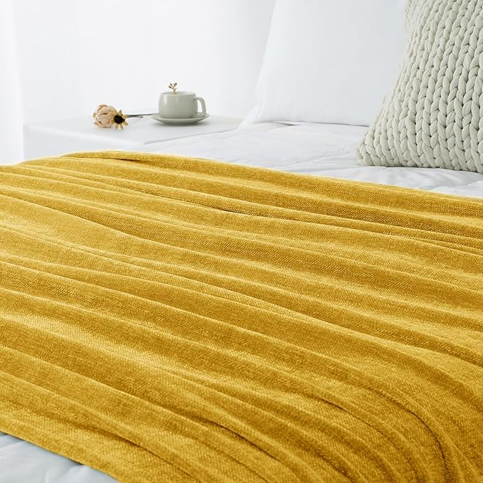 Chenille Throw Blanket for Couch 60"X 80" Twin, Soft Cozy Throws with Fringe Tassel for Bed Sofa Chair Cover, Lightweight Knitted Decorative Boho Blankets for Living Room, Yellow