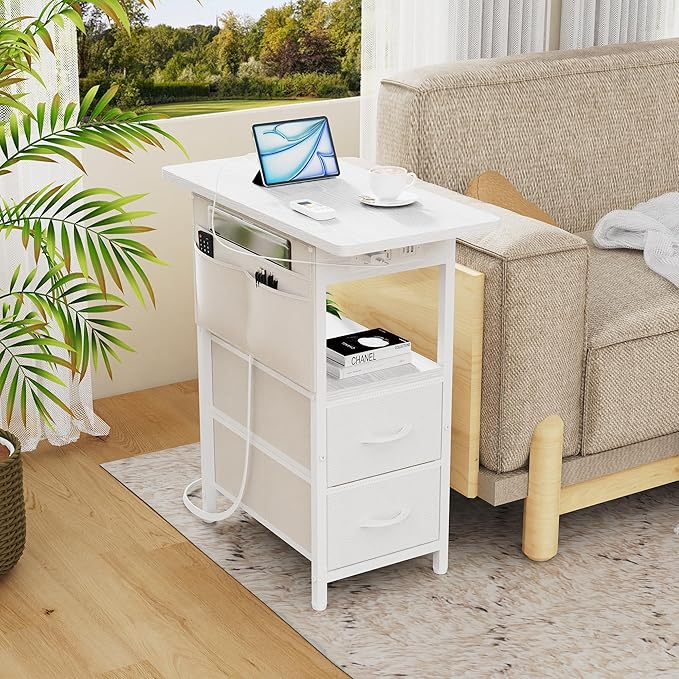 Small Side Table with Charging Station, Narrow Nightstand Bedside Tables with Storage Pocket for Living Room Bedroom, Sofa End Table with USB Ports and Power Outlets for Small Spaces