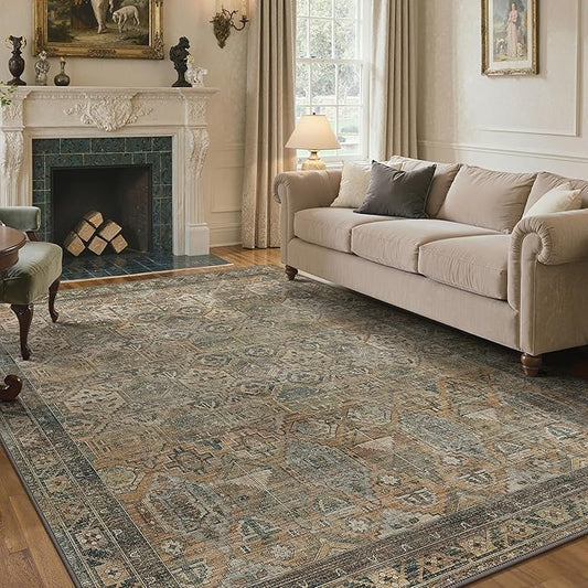 GENIMO 3x5 Area Rugs for Living Room, Machine Washable Non Slip Vintage Rugs, Low Pile Lightweight Chenille Print Rug for Bedroom, Dining Room, Home Office, Warm Taupe