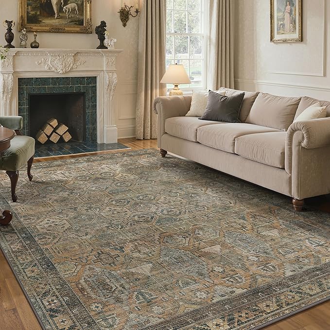 GENIMO 4x6 Area Rugs for Living Room, Machine Washable Non Slip Vintage Rugs, Low Pile Lightweight Chenille Print Rug for Bedroom, Dining Room, Home Office, Warm Taupe