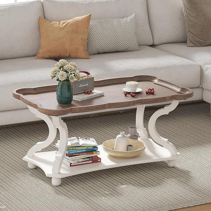 Function Home Farmhouse Coffee Table, Rustic White Cocktail Table with Storage Shelf, Sofa Table with Natural Tray Top and Carved Legs for Living Room Furniture Dining Room, Vintage White