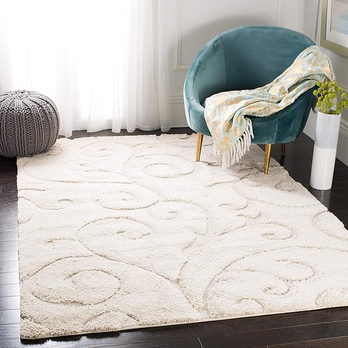 SAFAVIEH Area Rug 8x10 - Florida Shag Collection - Large - Creme & Creme, Scroll Design, Non-Shedding & Easy Cleaning, Plush Thick Pile, Ideal for Living Room, Bedroom, Dining Space (SG455-1111)