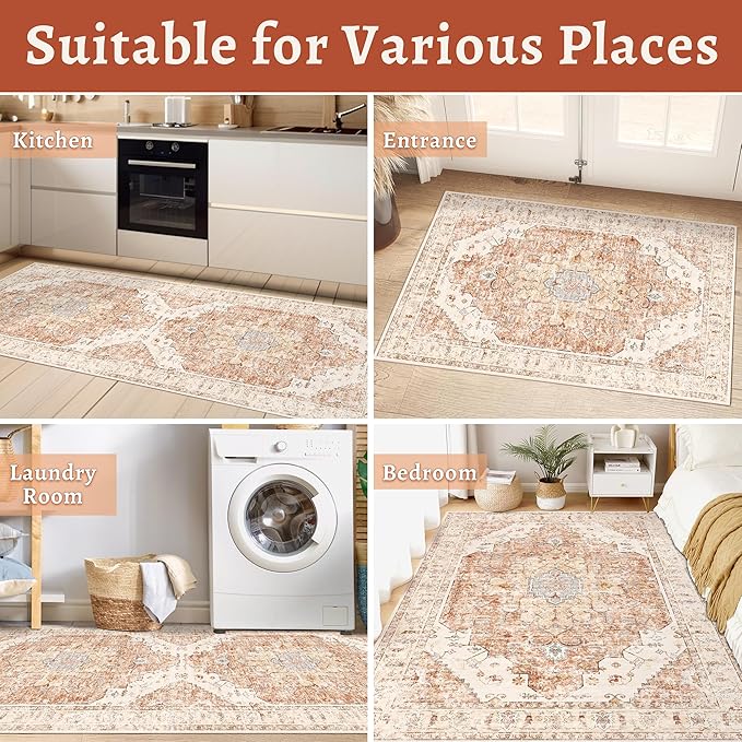 Tangsoo 2x5 Washable Runner Rug for Hallways, Non Slip Vintage Runner, Soft Low Pile Long, Print Distressed Brick Red Carpet Runners for Kitchen Bedroom Entryway Bathroom Living Room