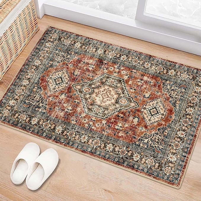 Lahome Oriental Washable Small Area Rug, 2x3 Rugs for Entryway Kitchen, Ultra-Thin Soft Indoor Door Mat Non Slip Throw Carpet for Bedroom Bathroom, Brick Red