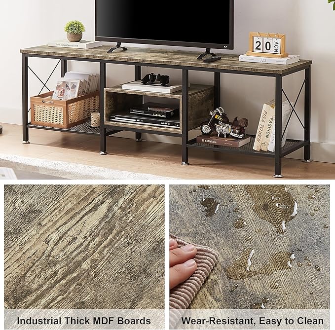 VECELO Industrial TV Stand for 70 Inch Television Cabinet 3-Tier Console with Open Storage Shelves, Entertainment Center Metal Frame for Living Room, Bedroom, 63 Inch, Light Grey