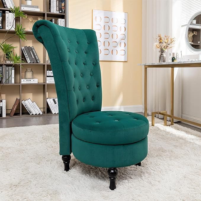 Container Furniture Direct Royal High-Back Velvet Accent Chair for Vanity with Storage and Luxurious Upholstery, Retro Design and Versatile Usage for Living Room, Bedroom, Lounge and Office, Green