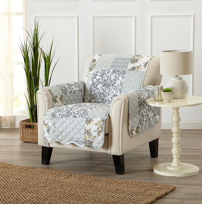 Patchwork Scalloped Printed Furniture Protector Stain Resistant Chair Cover (Chair, Grey)