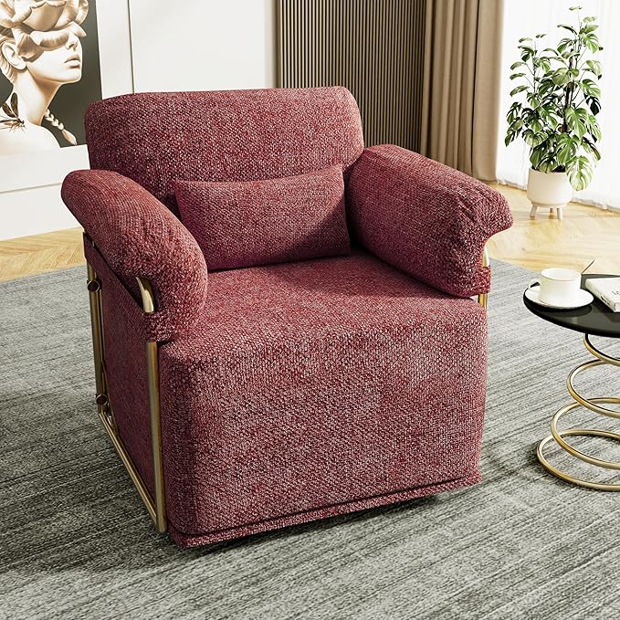 KEIKI Modern Comfy Swivel Accent Reading Chair with Waist Pillows, 360°Square Upholstered Barrel Armchair Single Club Lounge Sofa Chairs for Living Room,Bedroom,Office,DarkRed