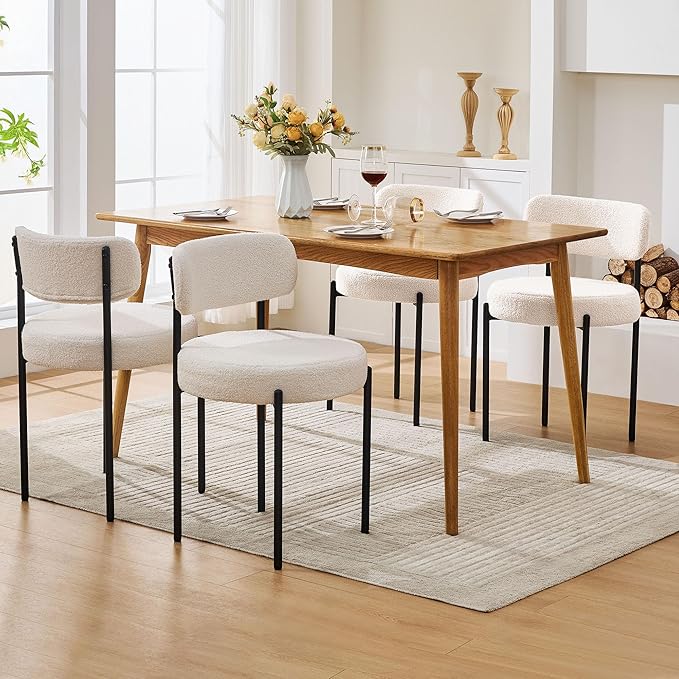 Dining Chairs Set of 6, White Boucle Dining Chair, Curved Backrest Upholstered Dining Room Chairs with Black Metal Legs, Mid Century Modern Dining Chairs for Kitchen, Living Room, White