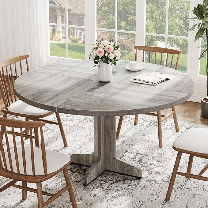 GarveeHome Round Dining Table for 4, 47 Inch Farmhouse Circle Kitchen Table with Wood Tabletop and Stable Base, for Home Dining Room Living Room, Grey (Only Table)