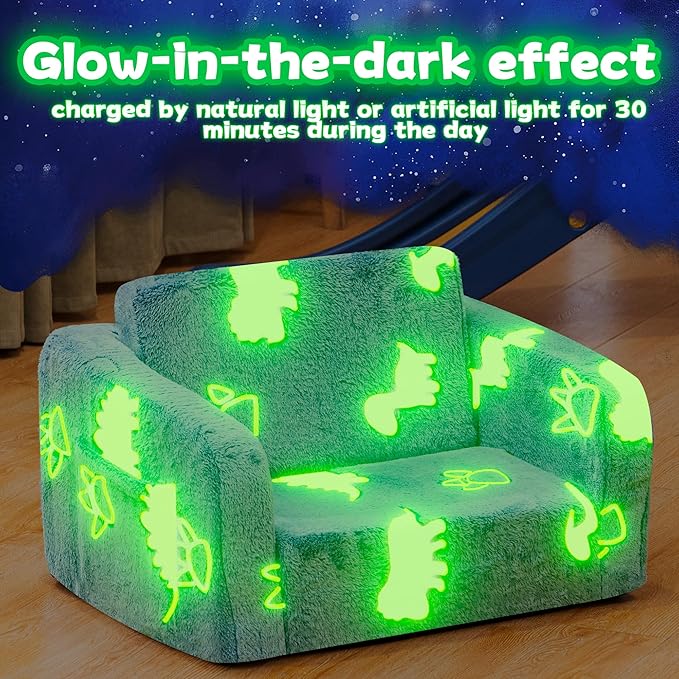 Lamerge 2-in-1 Soft Toddler Couch Fold Out,Foldable Toddler Chair, Glow in The Dark Kids Sofa for playroom,Convertible Foam and Floor Cushion for Boys and Girls (Blue and Dinosaur)